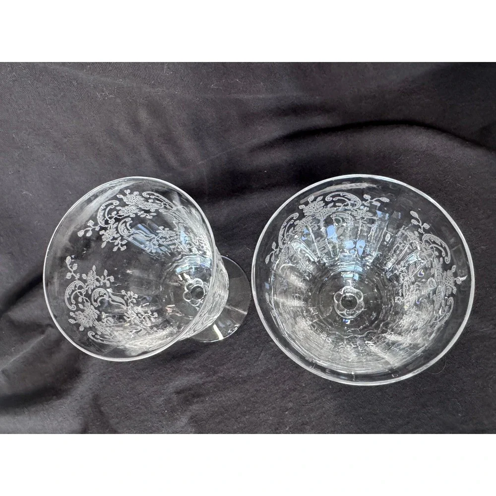 Fostoria Chintz Etched Water Goblets 2 Clear Crystal Footed Glasses 5.75in MCM